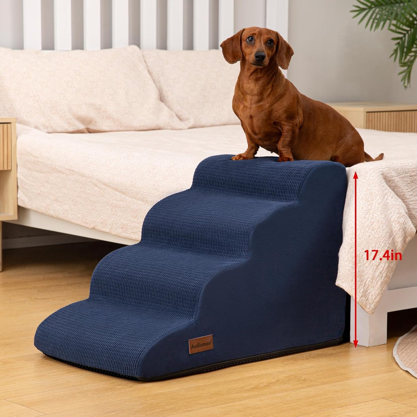 4-Step Dog Stairs and Ramp for Beds or Couches,Non-Slip Sturdy Pet Steps for Small Dogs and Cats,17.4" H,Blue - Pet Explorer