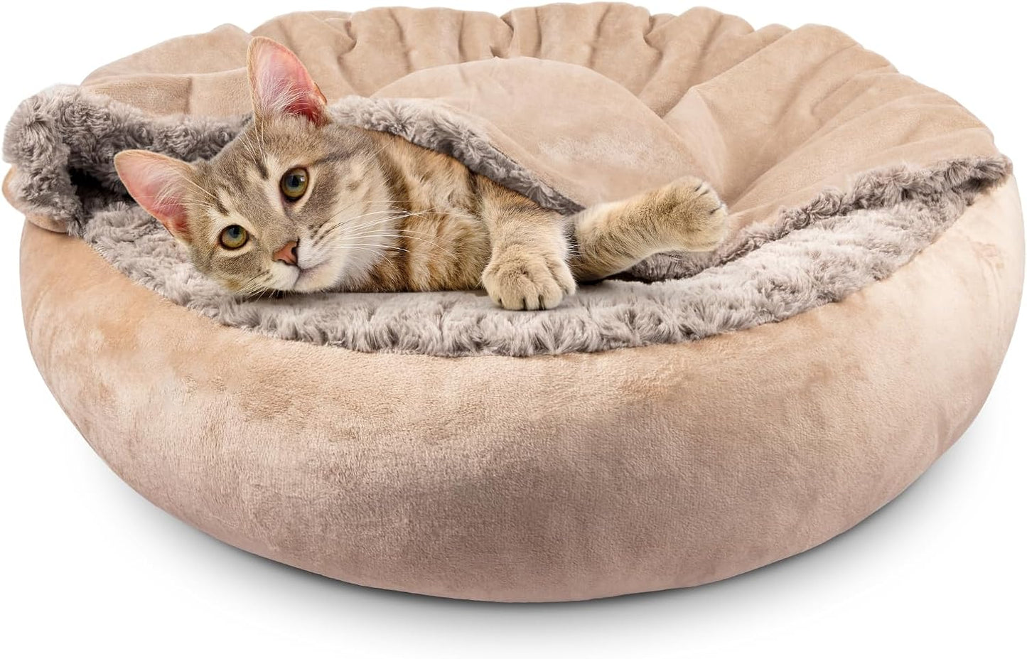 JOEJOY Small Dog Cat Bed With Hooded Blanket, Cozy Cuddler Luxury Puppy Pet Donut Round Calming Anti-Anxiety Burrow Cave - Anti-Slip Bottom, Machine Washable, 23 Inch - Pet Explorer