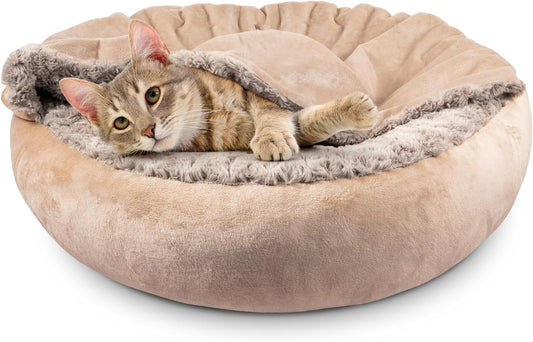 JOEJOY Small Dog Cat Bed With Hooded Blanket, Cozy Cuddler Luxury Puppy Pet Donut Round Calming Anti-Anxiety Burrow Cave - Anti-Slip Bottom, Machine Washable, 23 Inch - Pet Explorer