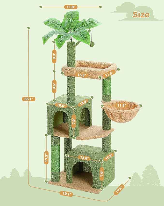 53-Inch Green Cat Tree with 2 Condos for Indoor Cats,Cat Tower with Scratching Posts for Small Cats,Cactus Cat Tree Tower with Hammock and Cat Toys
