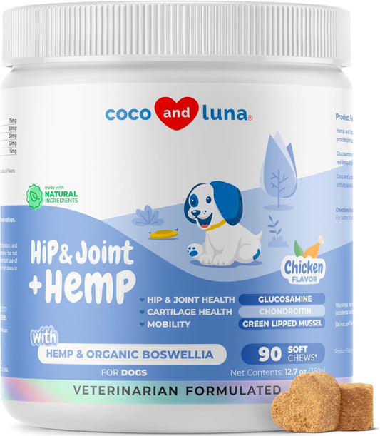 Hemp Hip and Joint Supplement for Dogs - 90 Soft Chews - with Green Lipped Mussel, Glucosamine, Turmeric, Fish Oil, MSM and Yucca Schidigera - Pet Explorer