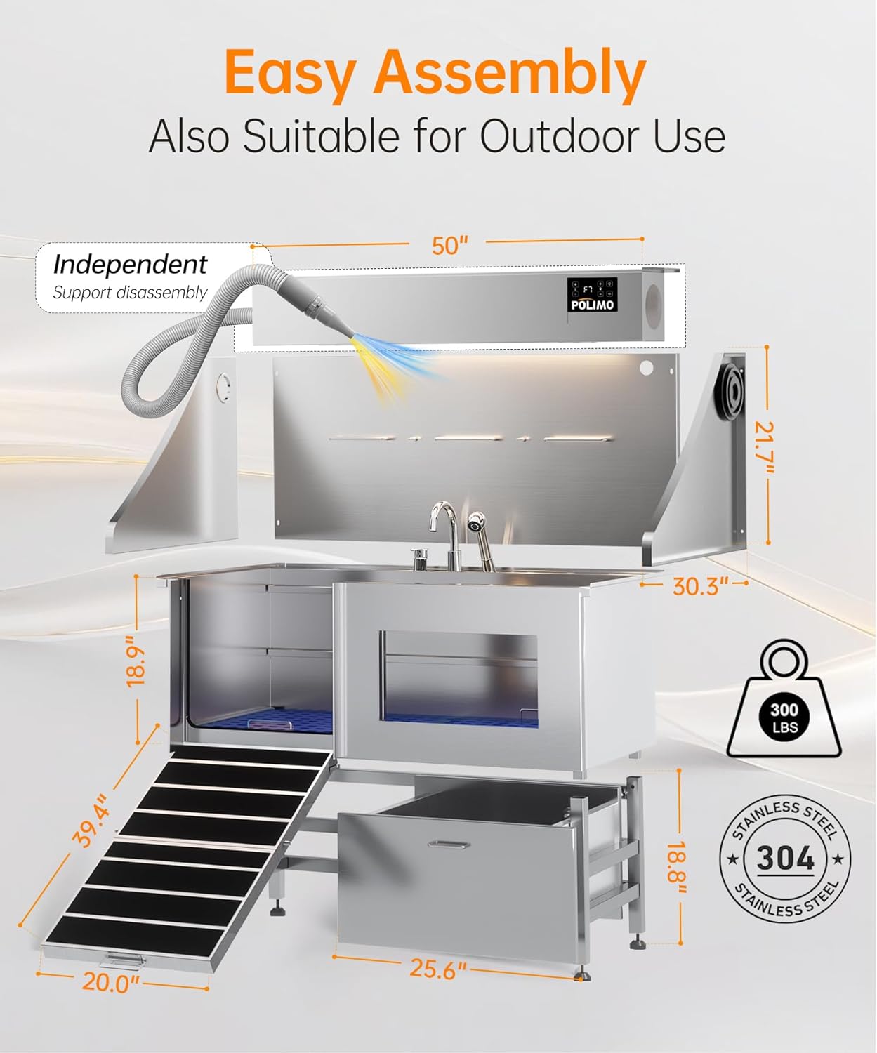 polimo Dog Wash Station with Pet Dryer & LED, Professional Dog Bathing Station for Large, Medium & Small Dogs – with Window, Ramp, Drawer, Floor Grate, LED Display & Faucet (Left RAMP & Dryer, 50") - Pet Explorer