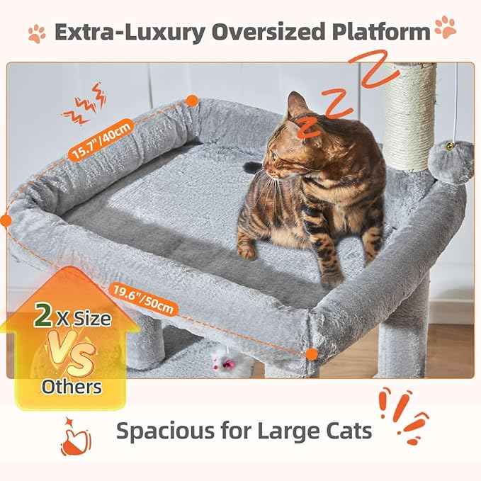 Taoqimiao Cat Tree for Indoor Cats, 55.1In Sturdy Cat Tower, Large Platform, Rotatable Round Condo with Large Scratch Board, Extended Cat House, Thickened Full-Sisal Scratching Post, Light Gray, F10W
