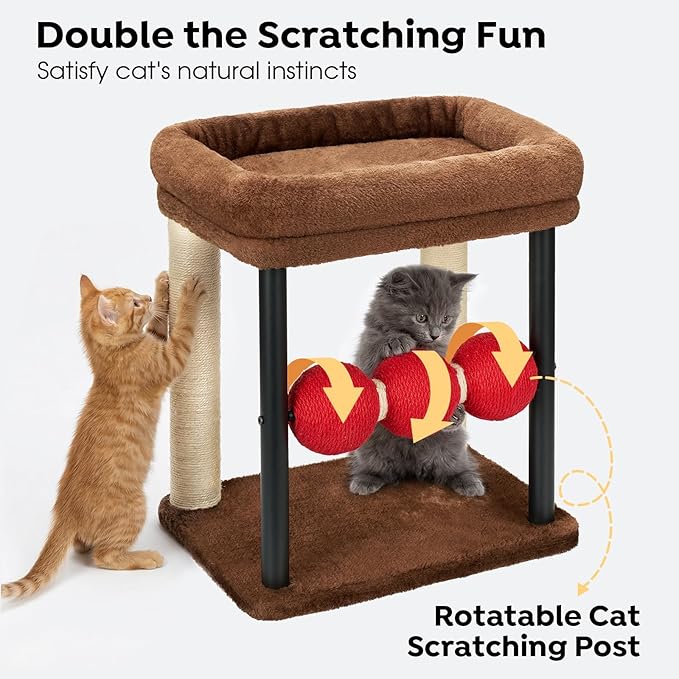 Veehoo Small Cat Tree, Cat Scratching Post with 17"x13" Wide Top Bed, 20.5" Sturdy Cats Tower with Natural Sisal Scratch Posts & Rotatable Balls for Small Spaces, Kittens
