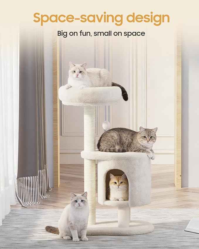 Cat Tree, 34.3 Inches Cat Tower with Scratching Post, Condo, Interactive Hanging Ball, Plush Perch for Indoor Large Cats, Beige