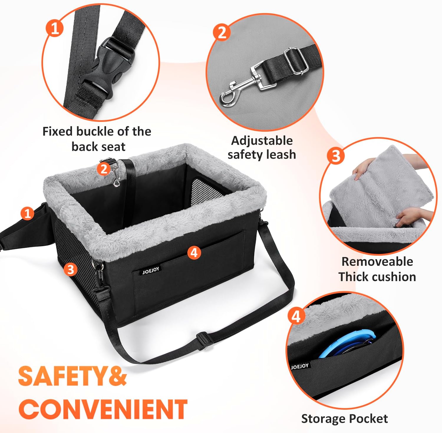 JOEJOY Deluxe Dog Booster Seat with Sturdy Metal Frame and Safety Leash for Small Pets up to 20 lbs - Portable Puppy Dog Car Seat with Thick Cushion and Storage Pockets for Small Dogs, Black - Pet Explorer