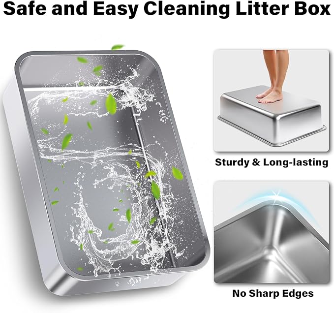 XL Stainless Steel Litter Box 2 Pack, Extra Large High Sided Metal Cat Litter Box with Lid, Scooper & Mat, Easy Clean, Non Stick & No Smell