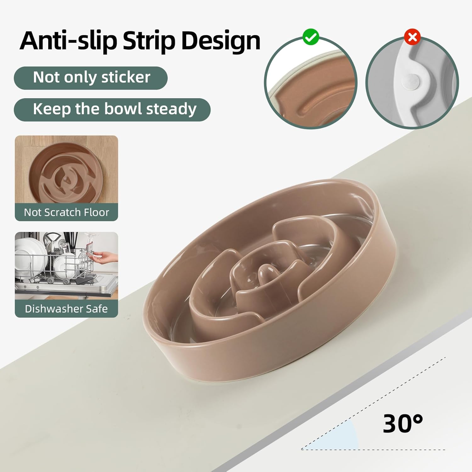 8.2inch Ceramic Raised Slow Feeder Dog Bowl Set, Elevated Wooden Stand for Large and Medium Dog, Puzzle Slow Dish, Preventing Choking(Brown Coffee, Single Bowl+ Stand) - Pet Explorer