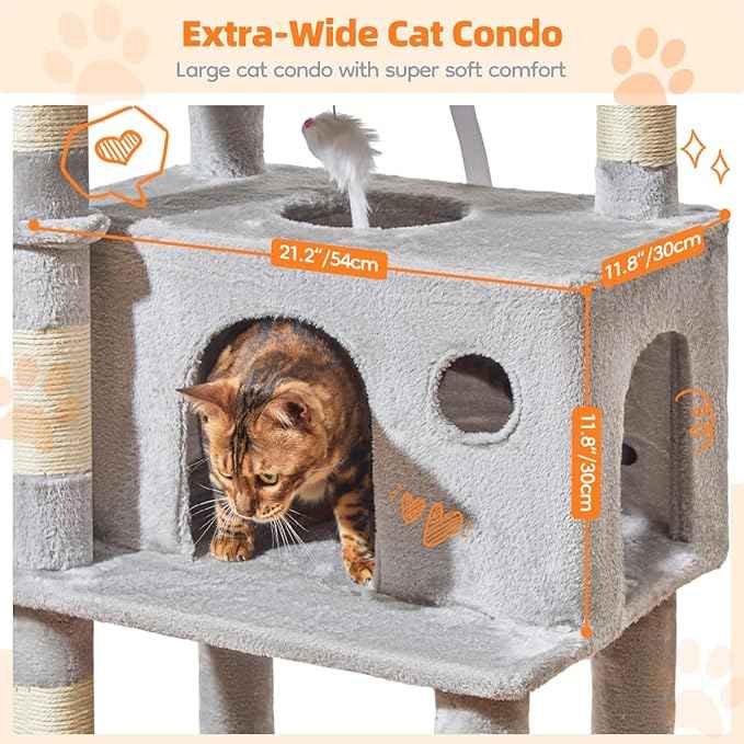 Taoqimiao Large Cat Tree，73-Inch Cat Tree Tower with 9 Scratching Posts for Indoor Cats, 2 Large Cat Condo with Hammock, Hanging Basket, 2 Extended Platform, Light Gray MS013XLW
