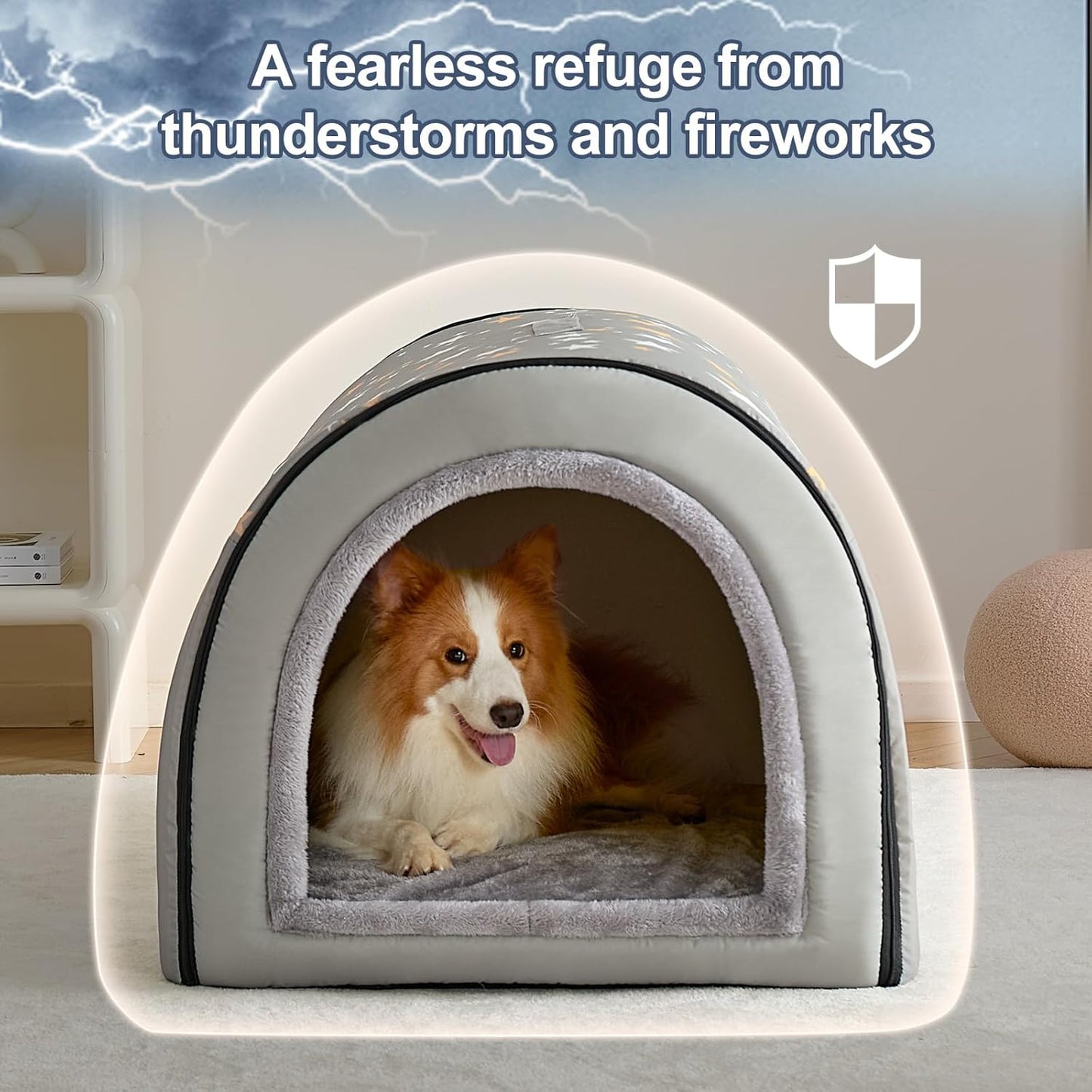 Jiupety 2 in 1 Dog House Indoor, Comfy Cave Bed Covered Dog Bed, Portable House for Medium and Large Dogs, 2XL(35"×27"×26"), Up to 70 Lb, Grey - Pet Explorer