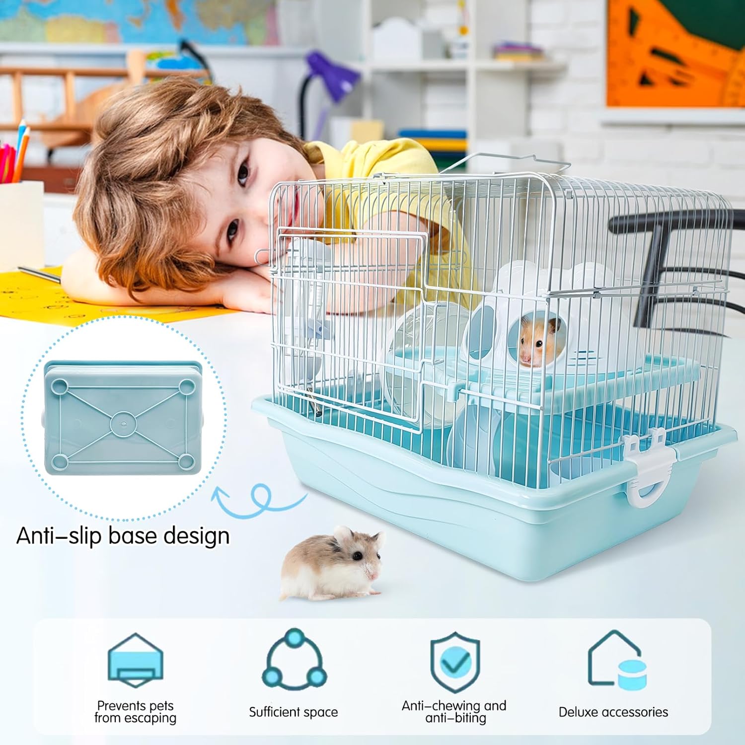 PINVNBY Dwarf Hamster Cage, Small Animal Cages, 2-Tier Travel Portable Mouse Cage Hamster Carrier with Castle House Running Exercise Wheels, Water Bottle and Food Dis（Blue） - Pet Explorer