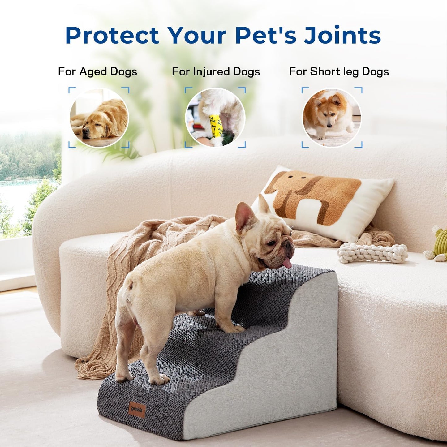 Dog Stairs for Small Dogs - Pet Stairs for Couch and Bed, 35D Foam Dog Steps Ramp with Non-Slip Bottom Beige, 3 Steps - Pet Explorer