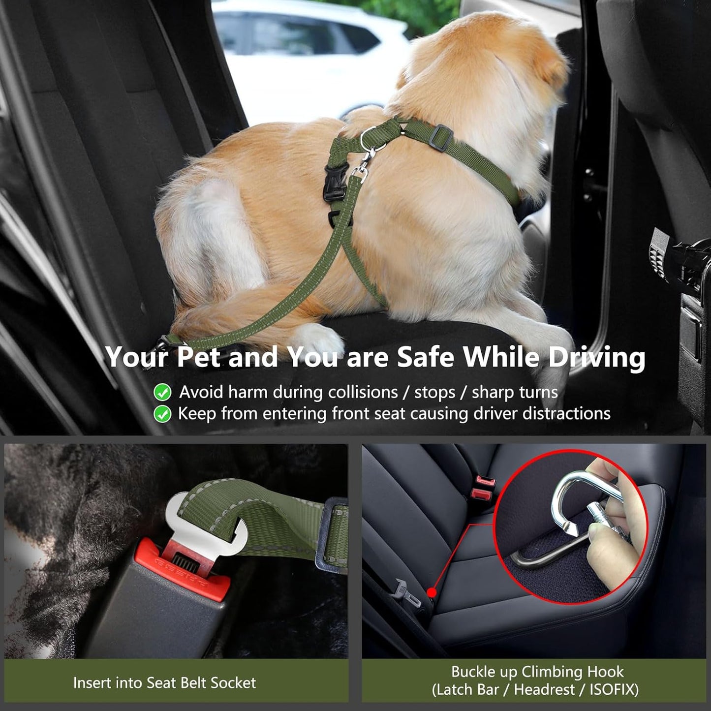 Dog Seat Belt Harness for Car, Dog Car Harness Adjustable Mesh Breathable & Dogs Seatbelt Safety Tether with Elastic Bungee for Small Medium Large Pets(Army Green, S) - Pet Explorer
