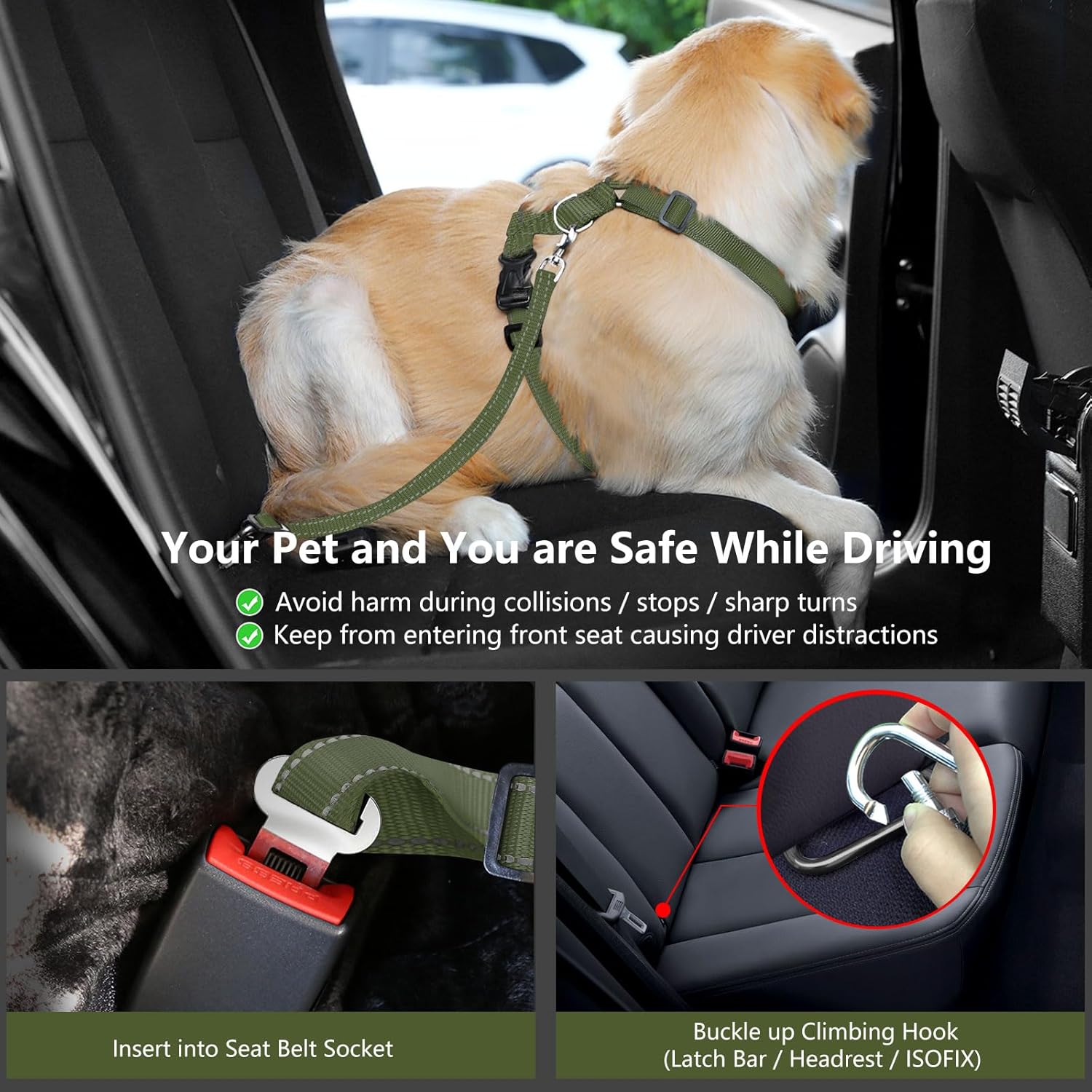 Dog Seat Belt Harness for Car, Dog Car Harness Adjustable Mesh Breathable & Dogs Seatbelt Safety Tether with Elastic Bungee for Small Medium Large Pets(Army Green, S) - Pet Explorer