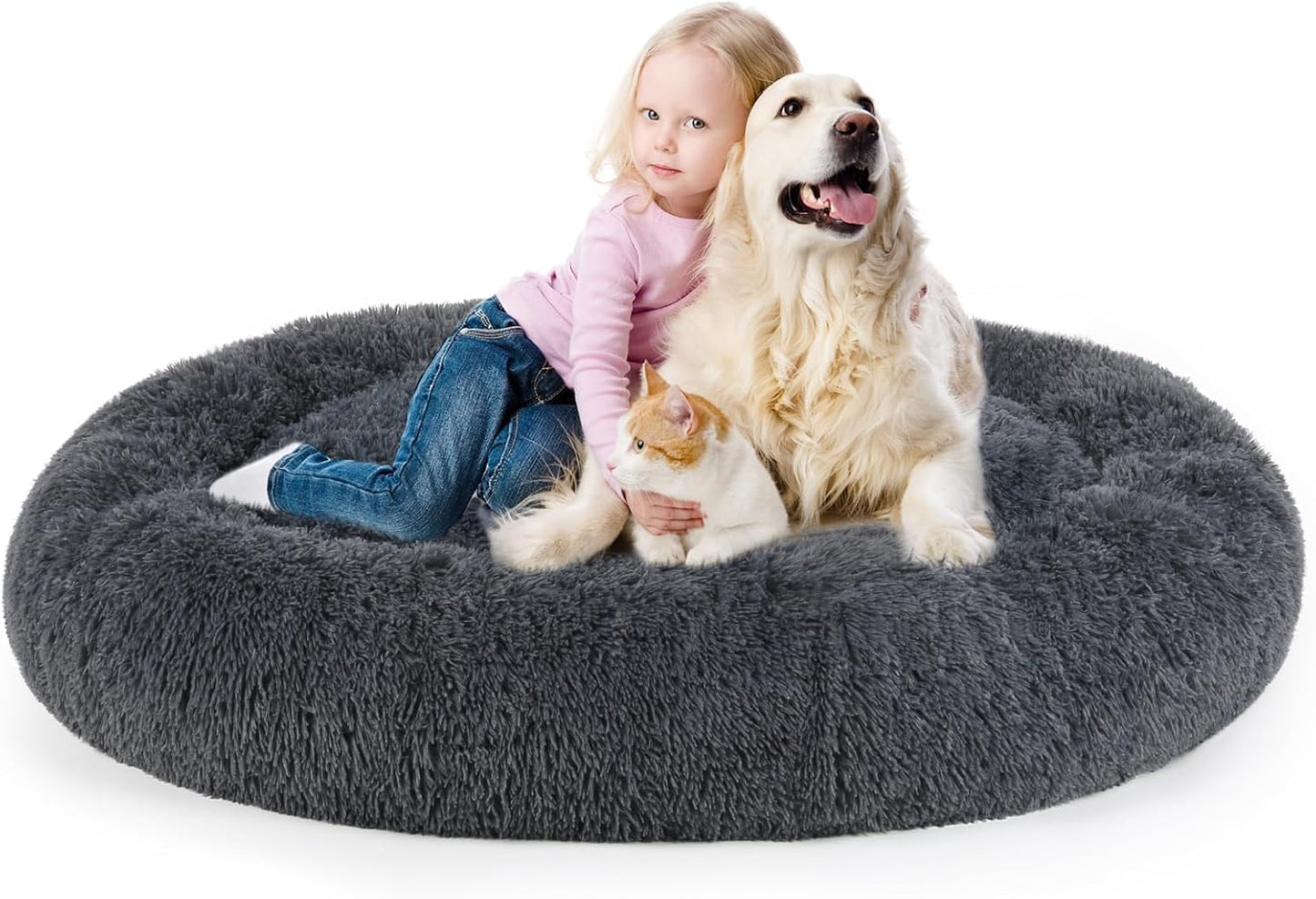Dog Bed, Cat Calming Bed, Faux Fur Pillow Pet Donut Cuddler Round Plush Bed for Large Medium Small Dogs and Cats (Dark Grey, 49.0" L x 38.0" W x 7.0" Th) - Pet Explorer