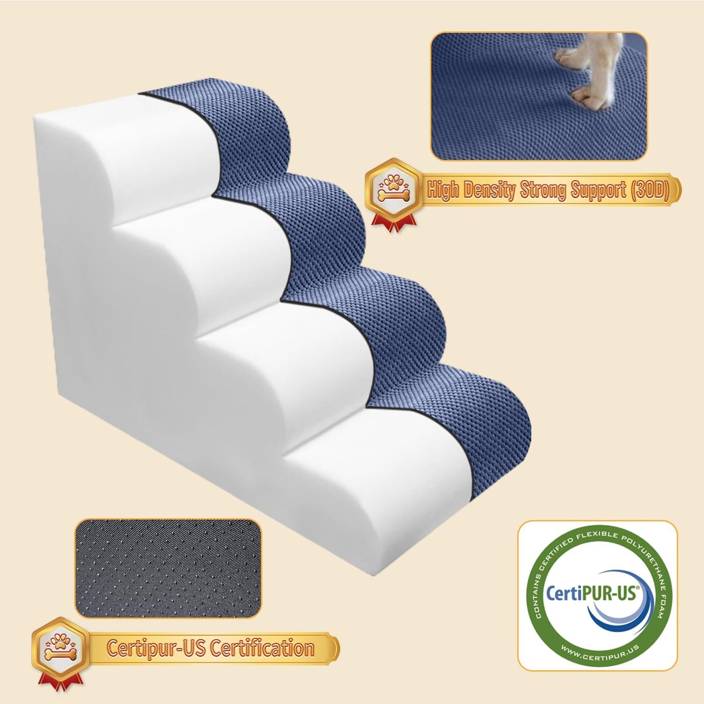 PAWSCART Dog Stairs for Small Dogs and Cats, 4-Step Dog Steps for Bed, 19.6" H Pet Stairs for High Bed, Pet Ramp for Couch, Sofa, Non-Slip Surface Removable Washable Cover, Blue - Pet Explorer