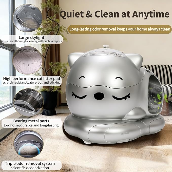 Automatic Cat Litter Box, Semi-Open Large Capacity with Triple Odor Removal System, App Control and Health Monitor, Safety Sensor, Cute Self Cleaning Litter Box for Multiple Cats (Silvery)
