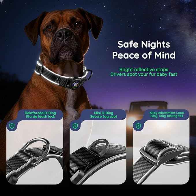 WhoseID Premium Leather Dog Collar for Large Dogs - IPX8 Waterproof AirTag Dog Collar | Magnetic Buckle Heavy Duty Collar | 450LB Escape-Proof | Reflective Dog Collar with AirTag Holder