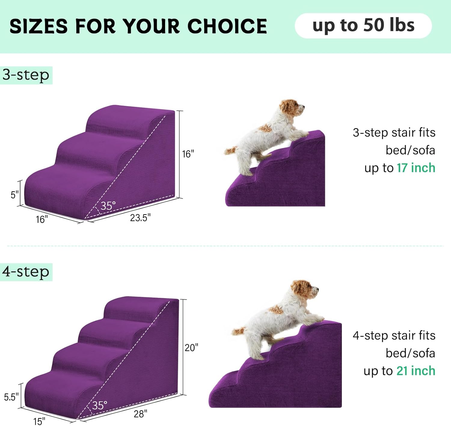 Dog Steps for Small Dogs, 4-Step Dog Ramp and Stairs for High Beds and Sofa, Non-Slip Pet Stairs Removable and Easy to Clean Cover, Purple - Pet Explorer