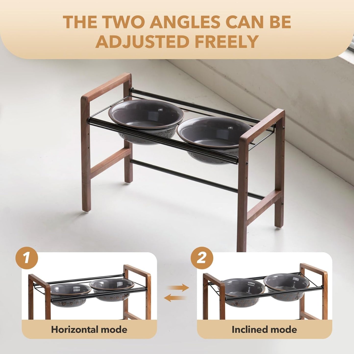 8.7inch Ceramic Adjustable Raised Double Bowls Set with Stand, 3 Heights Elevated, 2 Placement Options,Food and Water Dishes for Large Dog(Double Bowls+Stand, Reactived Glaze -Grey) - Pet Explorer