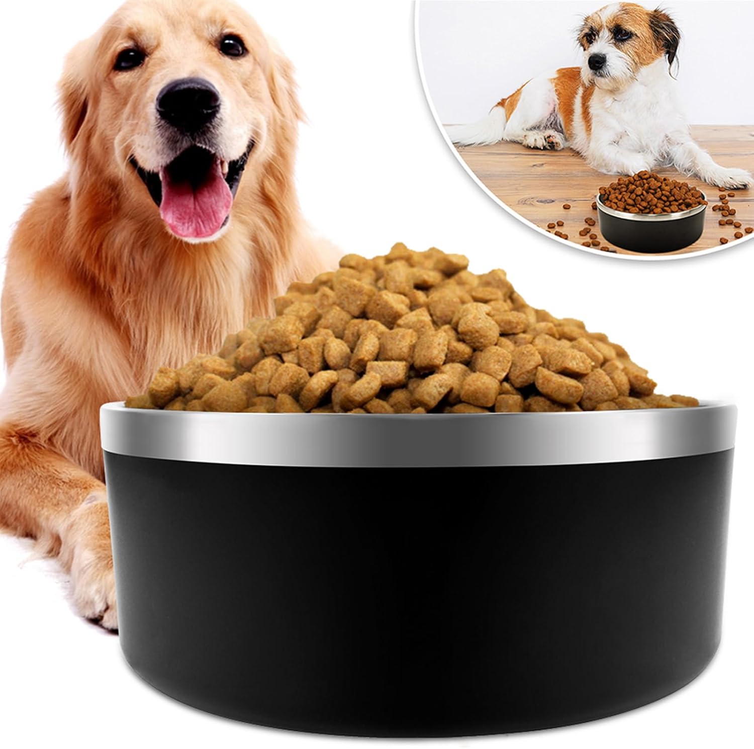 IKITCHEN Dog Bowl for Food and Water, 40 Oz Stainless Steel Pet Feeding Bowl, Durable Non-Skid Double Wall Insulated Heavy Duty with Rubber Bottom for Medium Large Sized Dogs (40 Ounces/5 Cup, Black) - Pet Explorer
