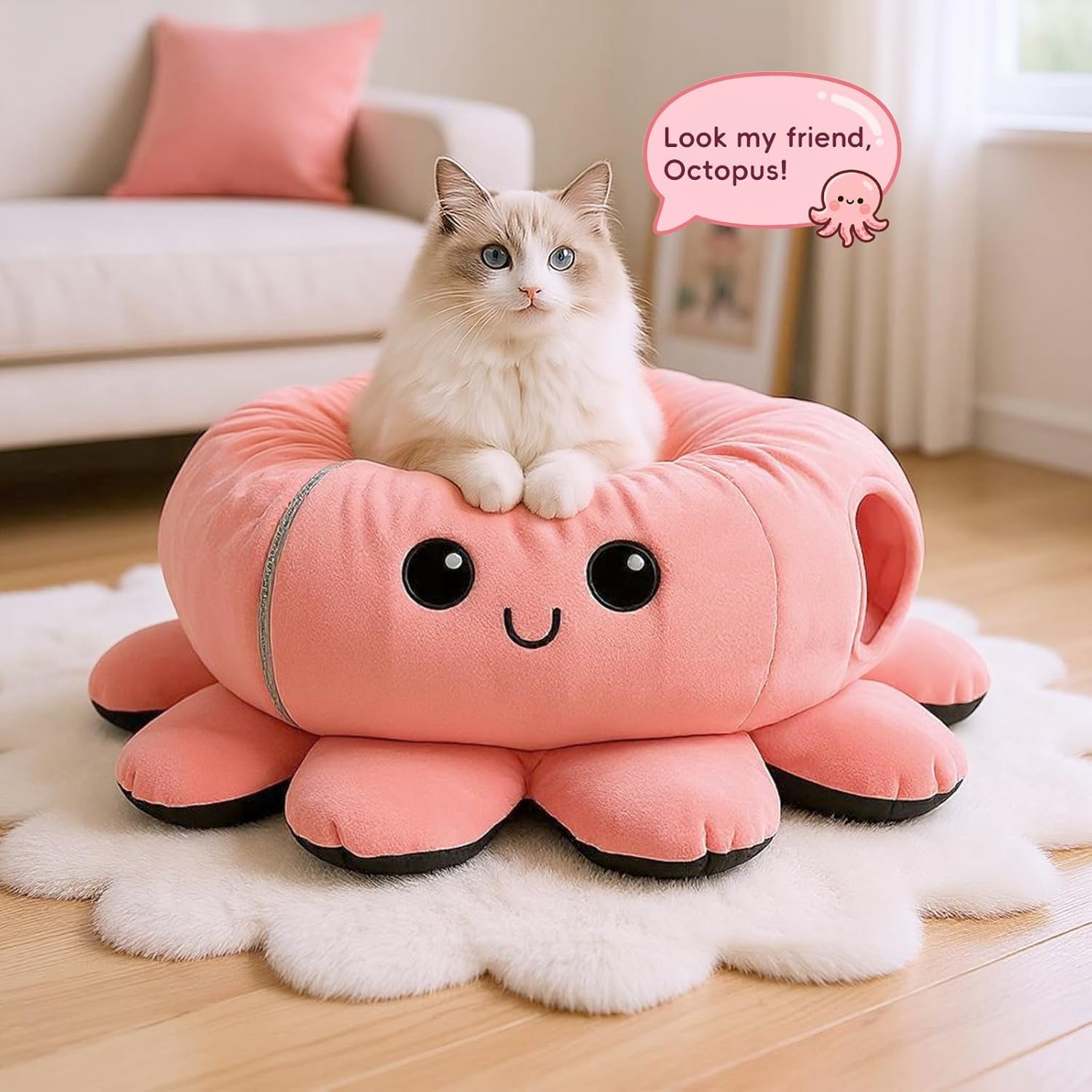 Cat Tunnel Bed for Indoor Cats, Peekaboo Cat Cave Bed,Soft Cat Donut Tunnel for Kitten Large Cats, Cute Pink Octopus Shaped - Pet Explorer
