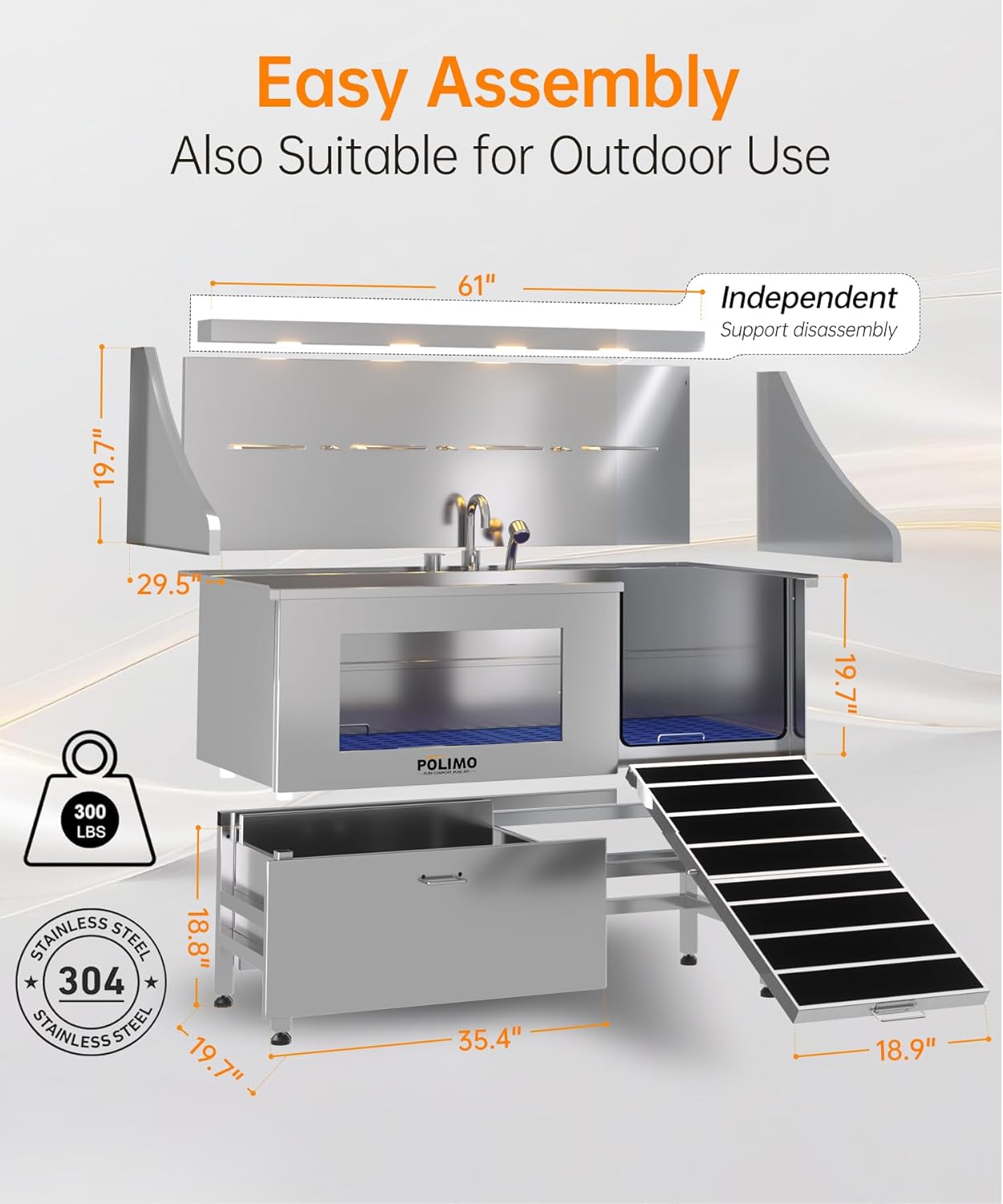 POLIMO Dog Washing Station, LED Professional Stainless Steel Dog Bathing Station 61", Dog Grooming Tub for Large, Medium & Small Dog - with Window, Ramp, Drawer, Floor Grate & Faucet (Right RAMP, 61") - Pet Explorer