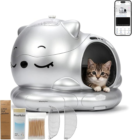 Automatic Cat Litter Box, Semi-Open Large Capacity with Triple Odor Removal System, App Control and Health Monitor, Safety Sensor, Cute Self Cleaning Litter Box for Multiple Cats (Silvery)