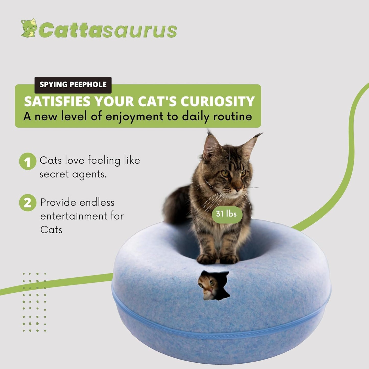 Cattasaurus Peekaboo Cat Cave for Multiple & Large Cats Up to 30-45 Lbs, Scratch Detachable & Washable Tunnel Bed, Comfy Donut Cat Cave (Blue, Jumbo) - Pet Explorer