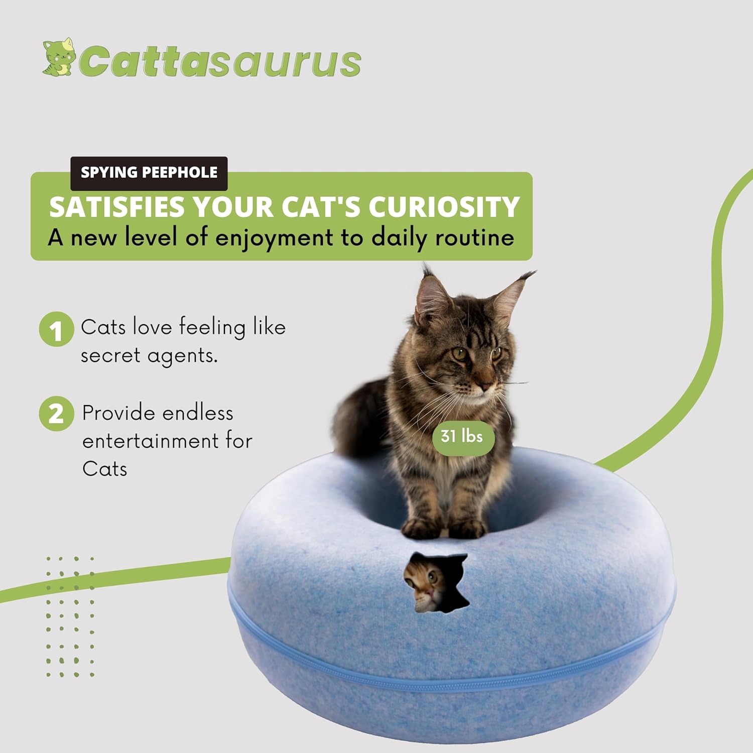 Cattasaurus Peekaboo Cat Cave for Multiple & Large Cats Up to 30-45 Lbs, Scratch Detachable & Washable Tunnel Bed, Comfy Donut Cat Cave (Blue, Jumbo) - Pet Explorer