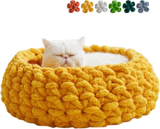 Cat Nest Bed – Premium Handwoven Washable Extra Soft Round Cave House for Indoor Kitten & Kitty, Small & Large (Persimmon Yellow,Medium) - Pet Explorer