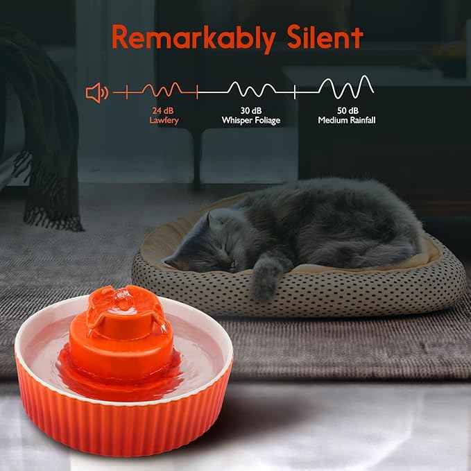 Ceramic Cat Water Fountain, 2.1L/71oz Cat Fountain with 3 Carbon Filters and 2 Water Pumps, Cupcake Pet Water Fountain for Cats and Dogs (Orange)