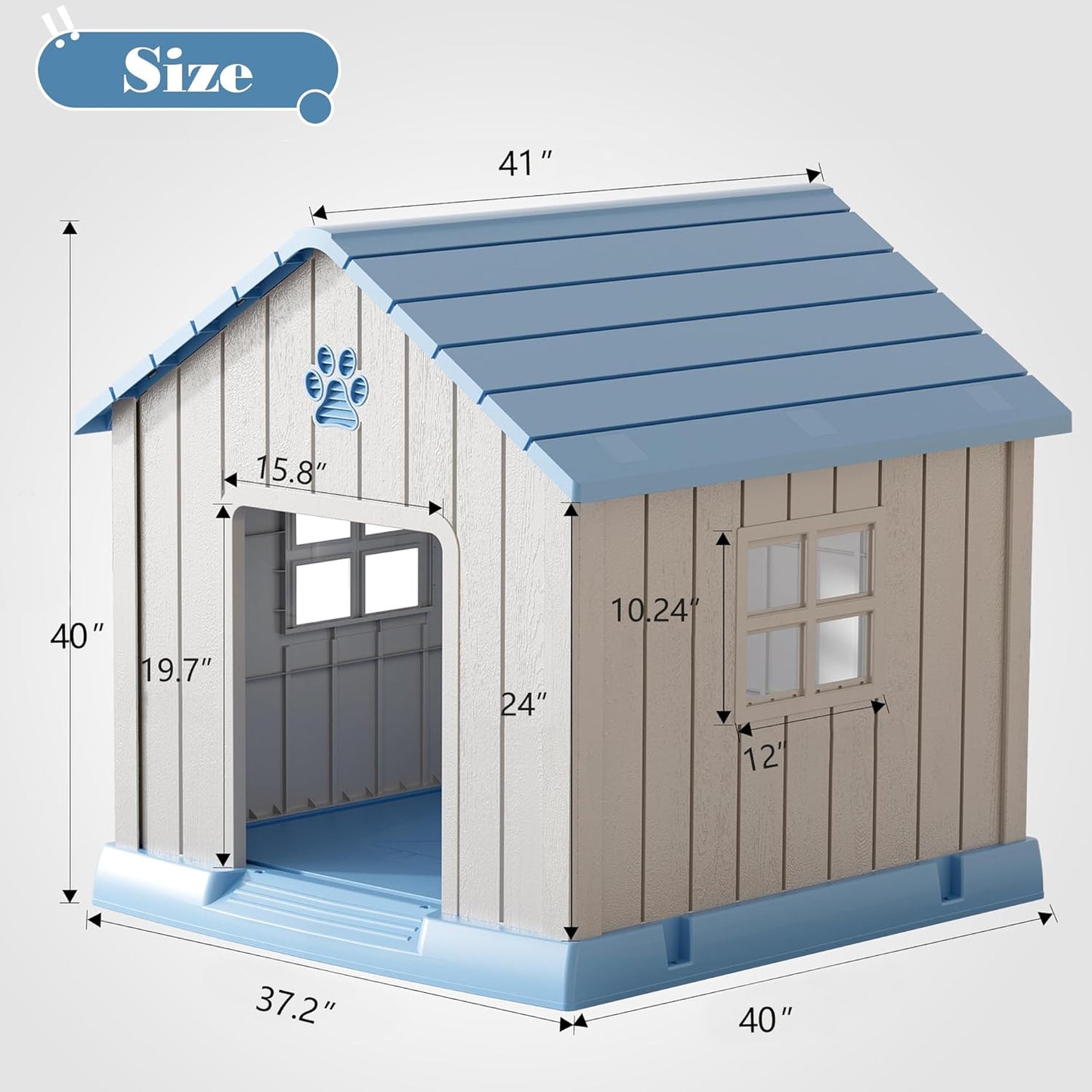 Large Dog House Outdoor Indoor for Medium Large Dogs, Durable Plastic Waterproof Doghouse with Air Vents and Elevated Floor, Easy Clean and Assemble (Blue, 37.2" L x 40" W x 40" H) - Pet Explorer