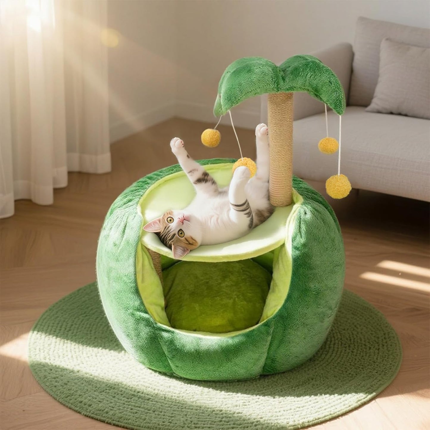Cat Houses for Indoor Cats, Small Cat Tree with Sisal Ropes and Plush Perch, Cute Cat Bed Cave with Soft Pillow, Coconut Palm Design - Pet Explorer