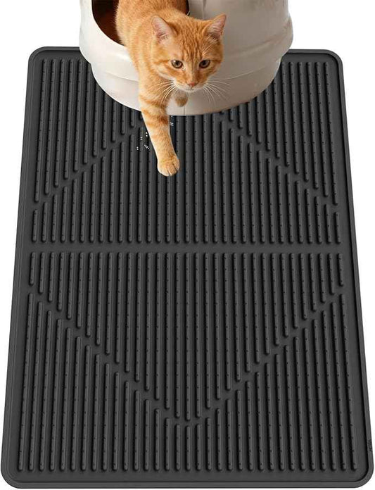 Gosmol Cat Litter Mat XXL 38" x 25" Extra Large Waterproof Trapping Mat with Raised Points, Easy Clean Litter Mat, Non-Slip Silicone Cat Mats for Litter Boxes & Floor-Black