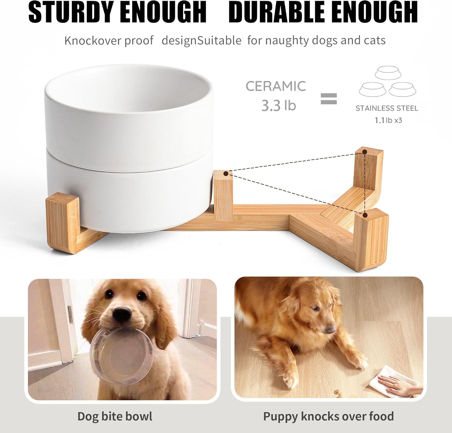 White Ceramic Dog & Cat Bowl Set – 13.5 OZ with Wooden Stand, Non-Slip, Elevated Design for Small Dogs & Cats – 2 Bowls (Food & Water, Ceramic Pet Bowls, Modern Dog Bowls) - Pet Explorer