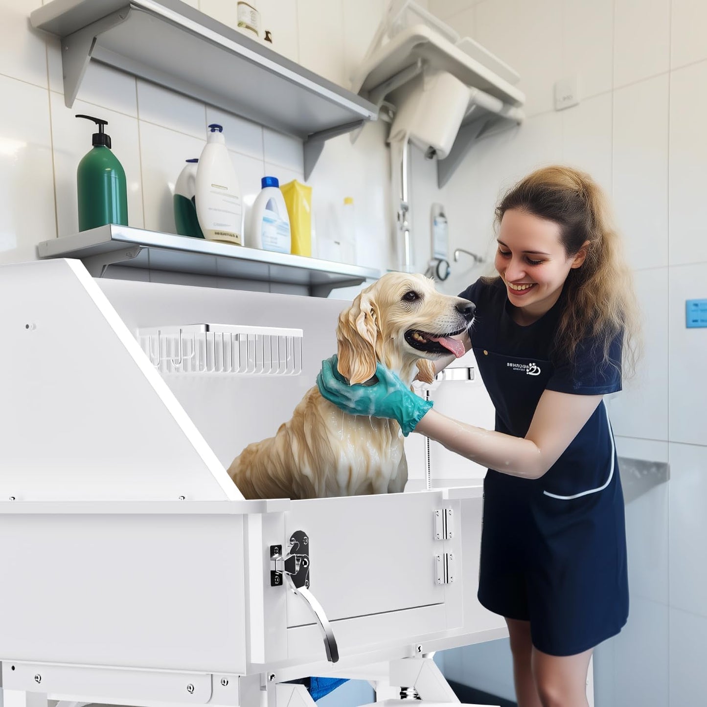 38" Dog Washing Station, Professional Stainless Steel Dog Bathing Station Dog Bathtub for Large & Medium Dog, Height Adjustable Dog Grooming Tub with Storage Basket, Movable Stair (Left Stair) - Pet Explorer