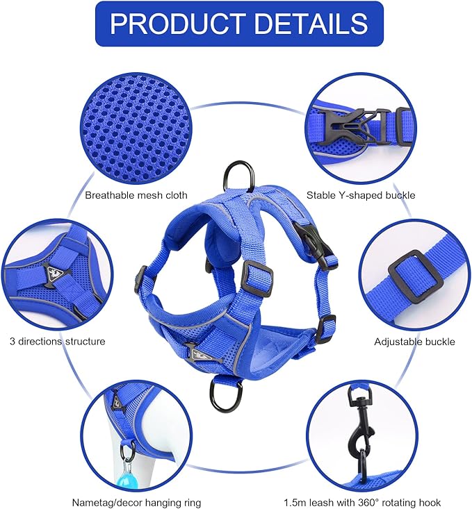 Cat Harness and Leash Set, Upgraded Escape Proof Adjustable Vest with Lead for Kitten Puppy Outdoor Walking, Soft Breathable Mesh Jacket with Reflective Strips for Dark Night (M, Klein Blue)