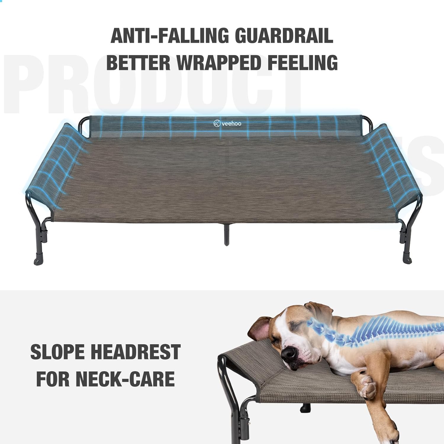 Veehoo Cooling Elevated Dog Bed, Guardrail Raised Pet Cot, Indoor & Outdoor XXL Pet Bed with Washable & Breathable Teslin Mesh, Non-Slip Feet, Dog Couch Bed, 62.5" x 37", Brown - Pet Explorer