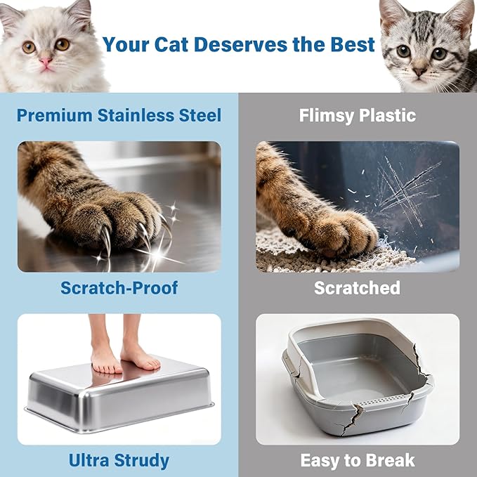 Stainless Steel Cat Litter Box with Lid, XL Metal Litter Box, Extra Large Litterbox for Big Cats, High Sided | Easy Cleaning | Odor-Free Includes Scoop and Mat