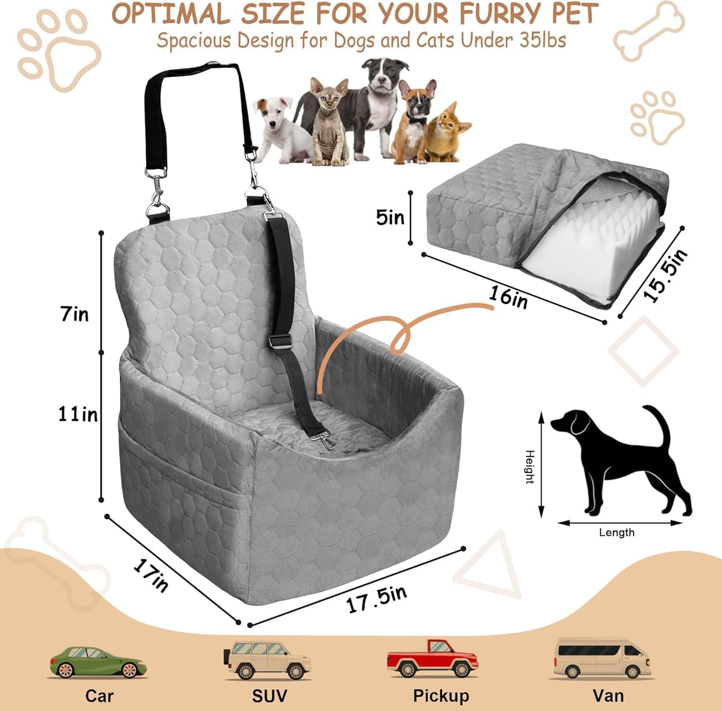 Dog Car Seat for Small/Medium Dogs - Dog Booster Seat with Safety Straps & Non-Slip Base, Travel Pet Car Seat with Storage Pockets, Washable & Removable, Suitable for Dogs Under 35 lbs (Gray) - Pet Explorer
