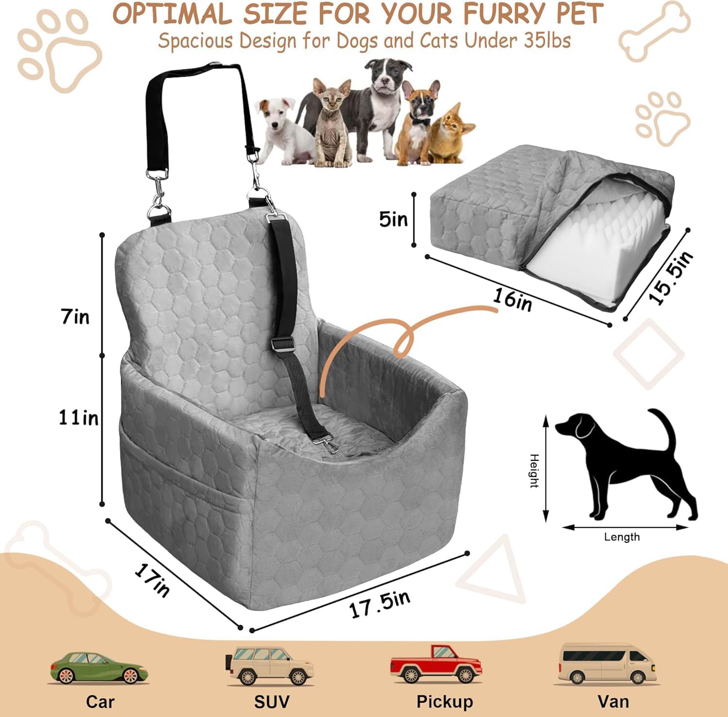 Dog Car Seat for Small/Medium Dogs - Dog Booster Seat with Safety Straps & Non-Slip Base, Travel Pet Car Seat with Storage Pockets, Washable & Removable, Suitable for Dogs Under 35 lbs (Gray) - Pet Explorer