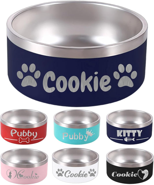 Personalized Dog Bowl Laser Engraved Custom Pet Name 18/32/42/64 oz No Slip Stainless Steel Insulated Bite-Resistant Food Water Dishes-Navy - Pet Explorer