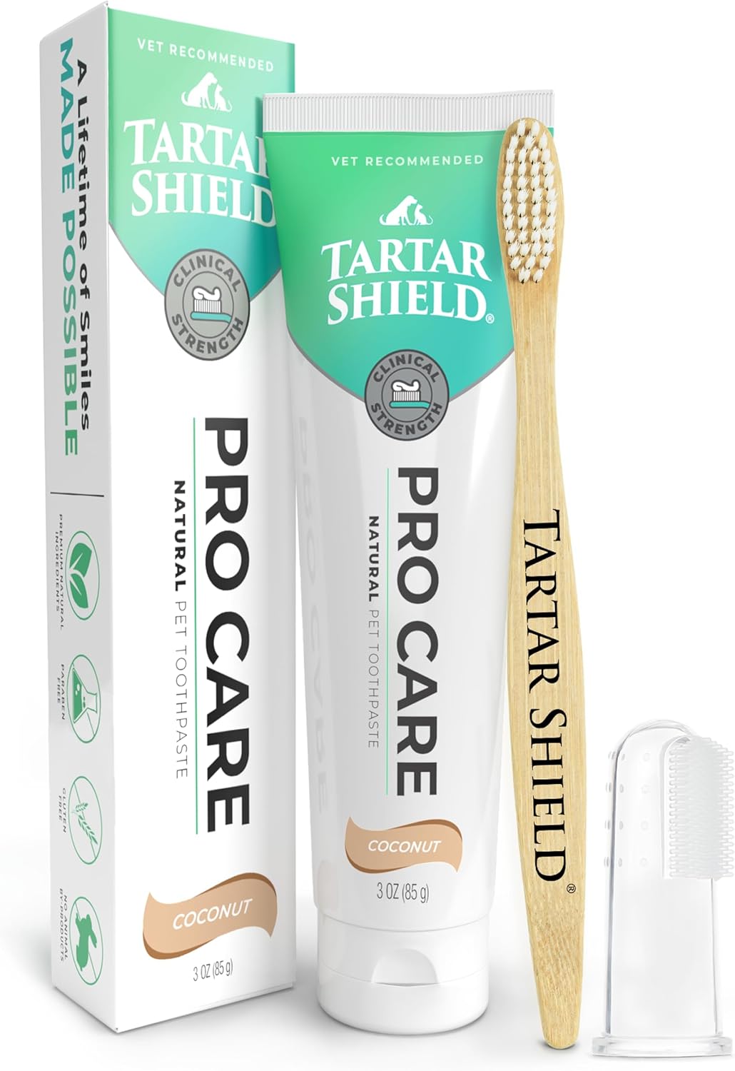 Tartar Shield Pro Care – Natural Enzymatic Pet Toothpaste Kit – Protects Against Plaque & Tartar - Freshens Breath & Removes Stains – Cleans Teeth and Gums – for Dogs & Cats - Coconut Flavor, 3 Oz. - Pet Explorer