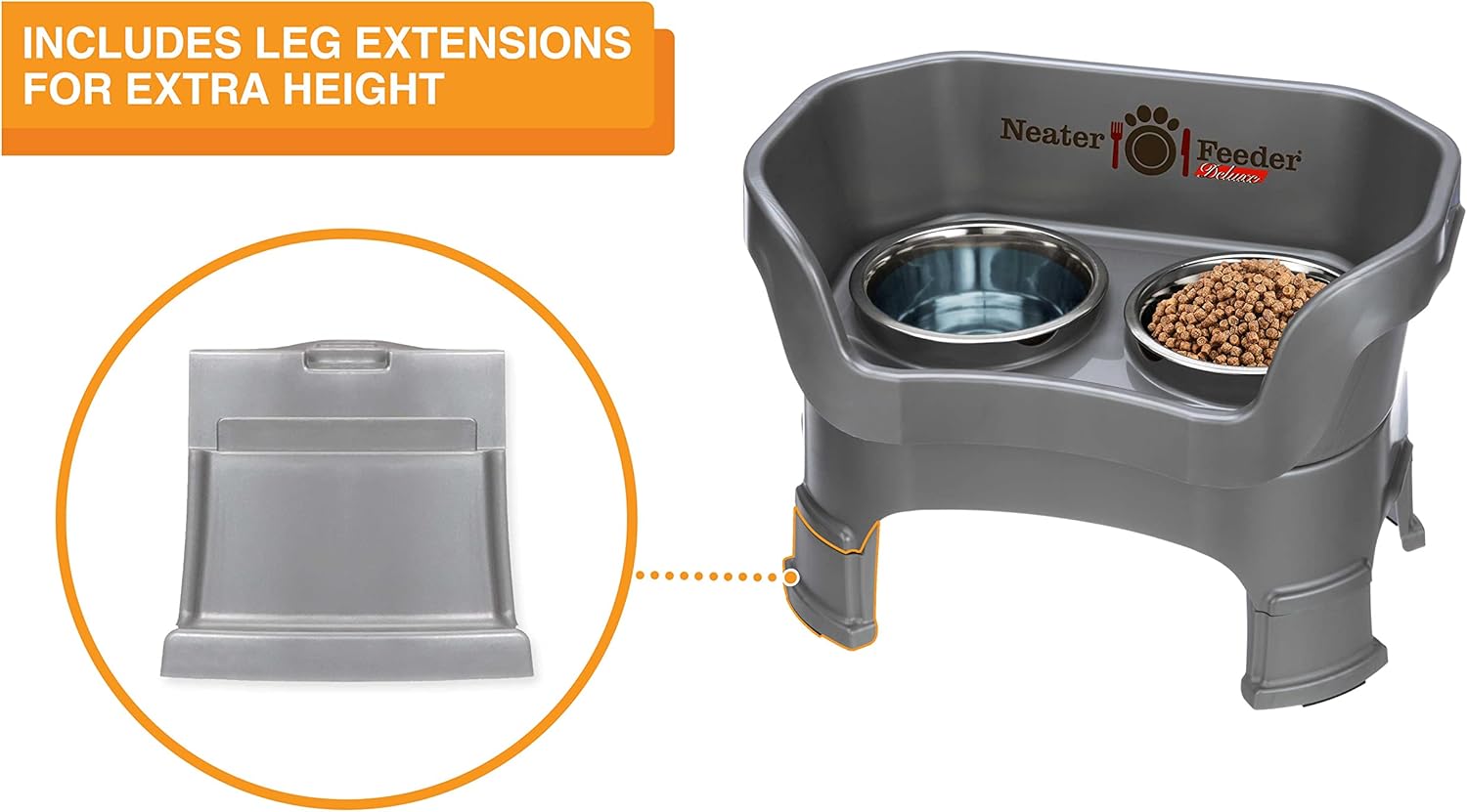 Neater Feeder Deluxe Mess Proof Dog Bowls Elevated for Medium Sized Breeds – Made in USA – No Spill Raised Slow Feeder Elevated Dog Bowl Stand w/Leg Extensions, Food and Water Bowl Set, Grey - Pet Explorer
