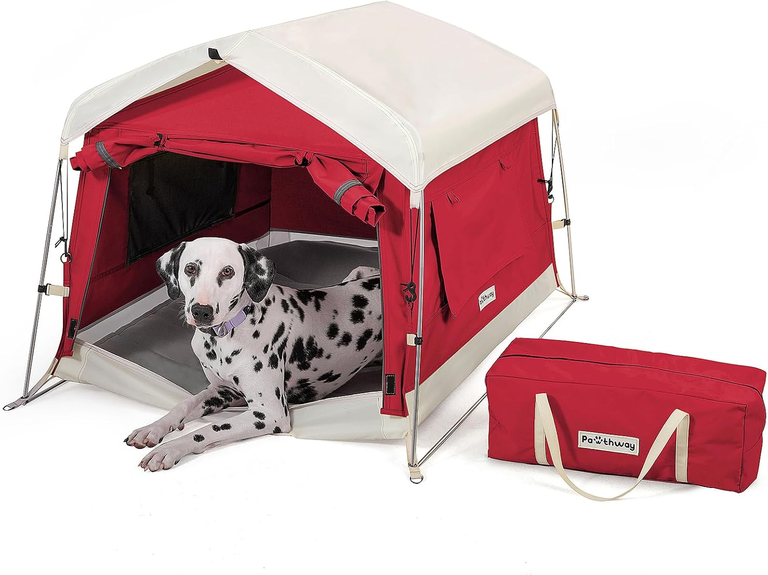 Dog Tent Cotton Fabric, Aluminum Poles and Camping Mat, Outdoor Weatherproof, Dog House Outdoor, Breathable with 2 Side Windows, Portable and Collapsible (Red, Large) - Pet Explorer