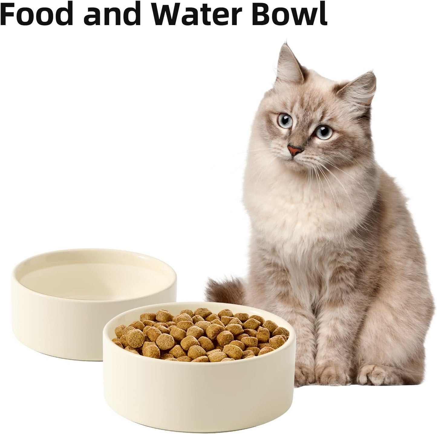 Ceramic 5.1inch Set of 2 Dog and Cat Bowls, 2pcs Anti-Slip Food and Water Feeder Dishes for Puppies, Kitties, Cats(2 Bowls, Beige) - Pet Explorer