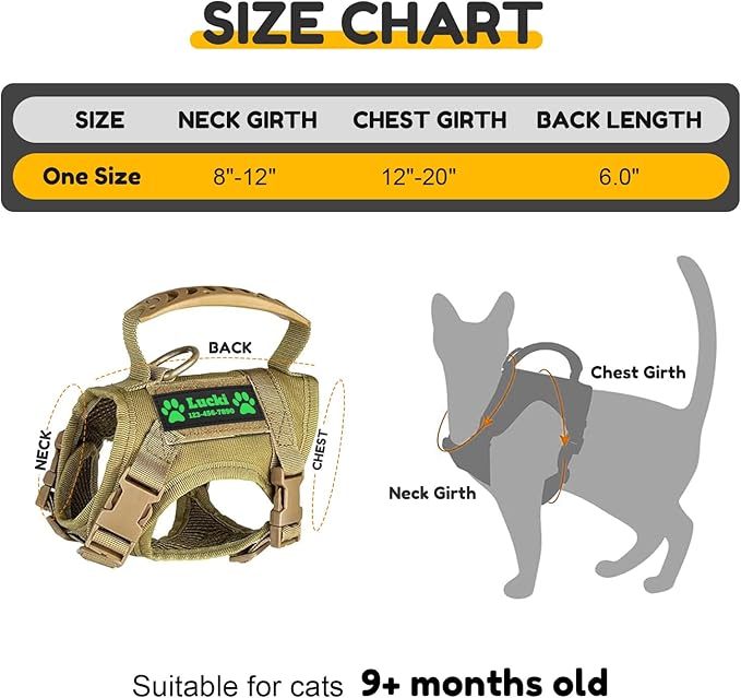 Tactical Cat Harness, Escape Proof Cat Harness with Customizable Patches, Adjustable Military Style Design, Optional Leash (Red)