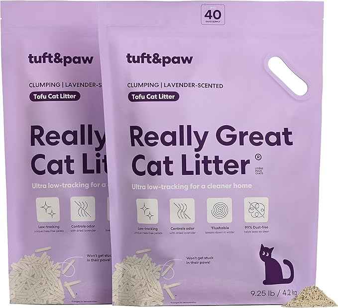 Tuft & Paw Really Great Cat Litter, Low Tracking Tofu Cat Litter, Clumping, Flushable, Odor Control, Dust-Free - 9.25lbs x 2Bags (Natural Lavender)