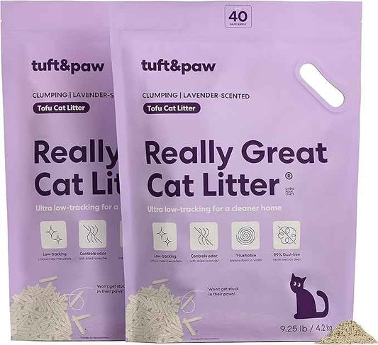 Tuft & Paw Really Great Cat Litter, Low Tracking Tofu Cat Litter, Clumping, Flushable, Odor Control, Dust-Free - 9.25lbs x 2Bags (Natural Lavender)
